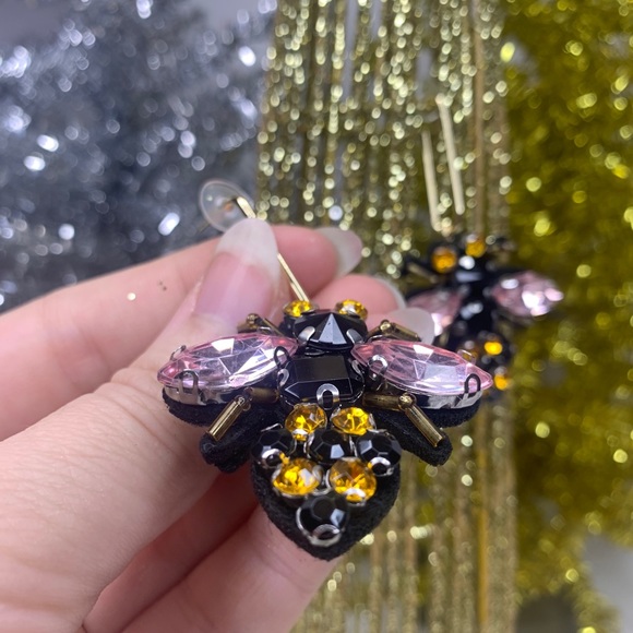 Embellished Jeweled Bee Insect Bug Beaded Earrings - Picture 7 of 10